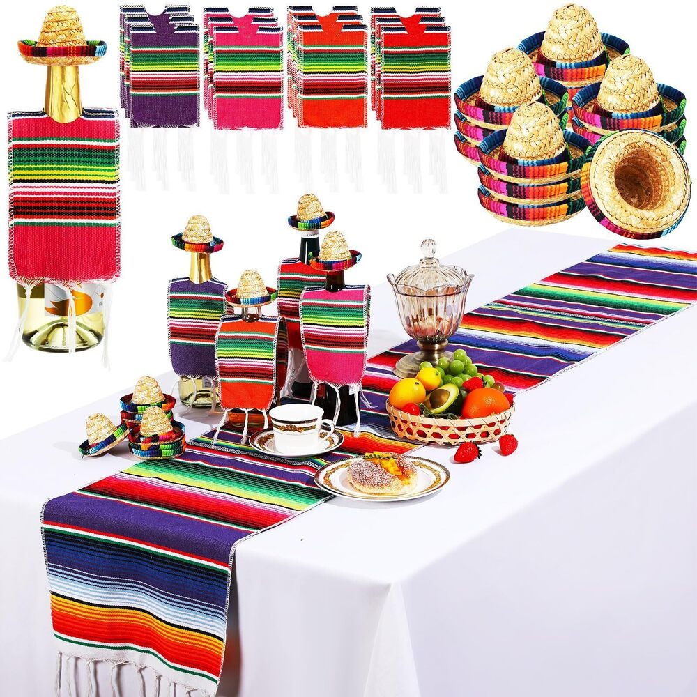 4786 25 Pcs Mexican Decorations 12 Mini Sombrero Straw Hat 12 Mini Serape